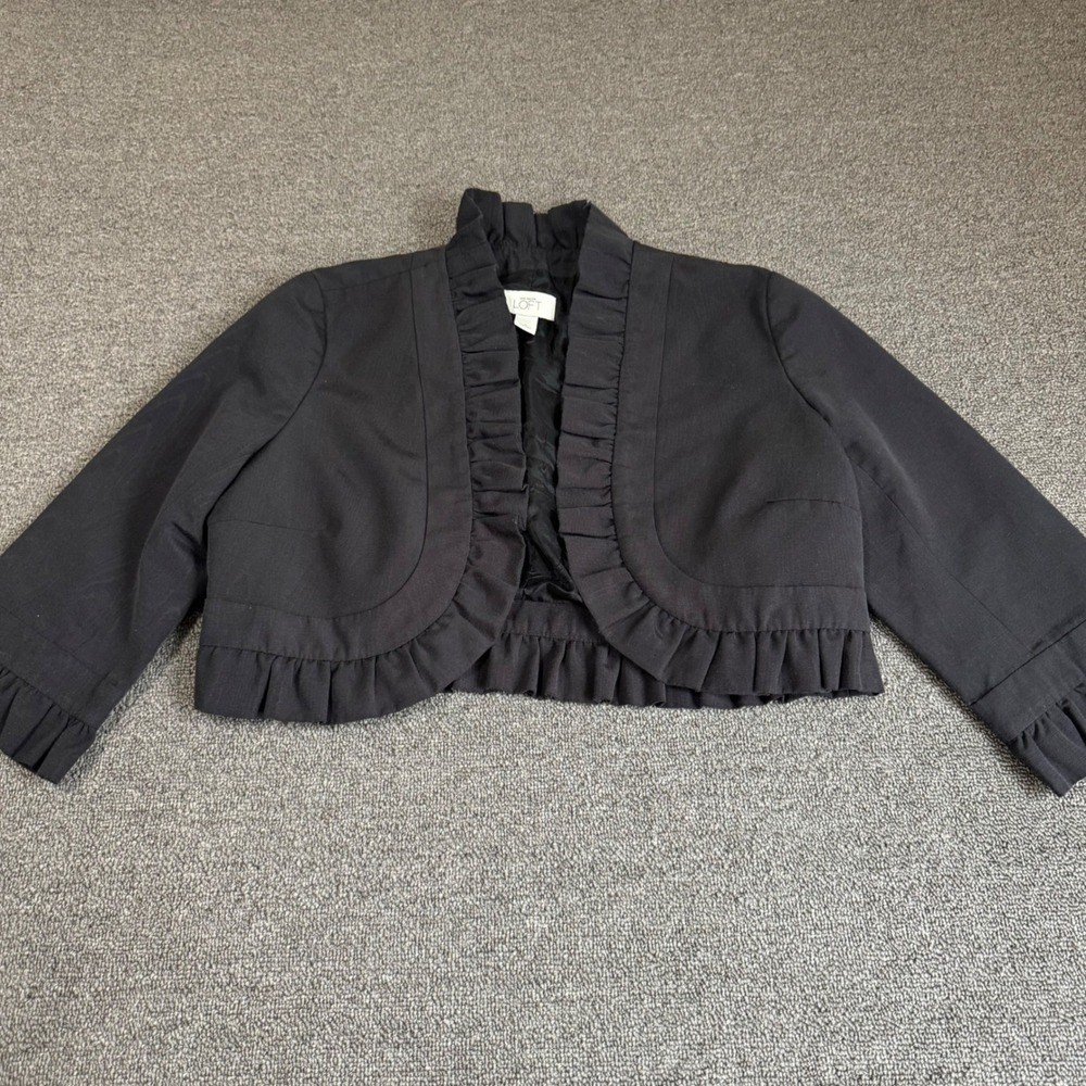 Y2K Ann Taylor Loft Black Ruffle Trim Cropped Bolero Jacket Shrug Sz 8 Coquette